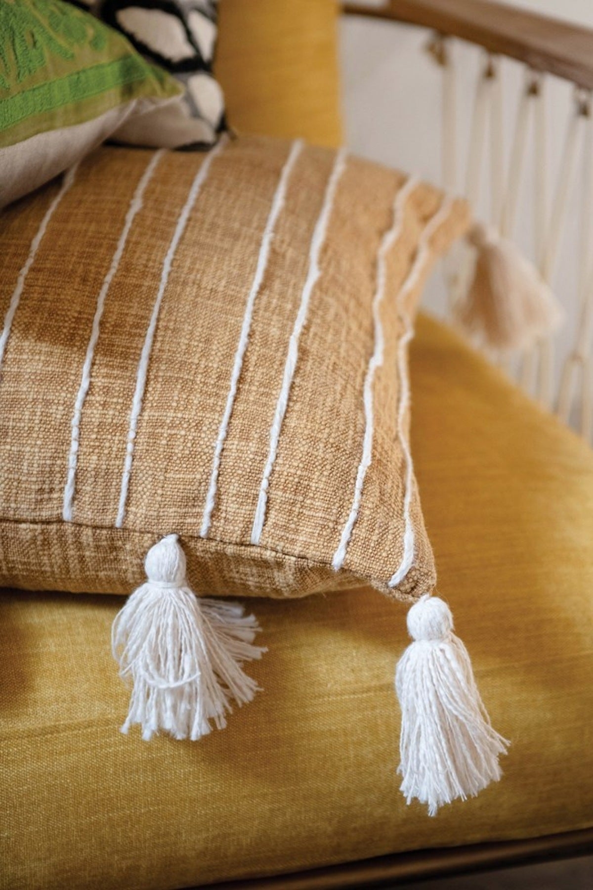 Cotton Woven Pillow with Appliqued Stripes & Tassels, Mustard Color & White - Image 2