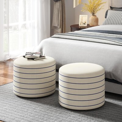 Fabric Round Ottoman Stool Set Of 2, Small Ottoman Footrest Stool Bench Footstool Coffee Table For Living Room Bedroom, Light Beige With Blue Stripes - Image 0