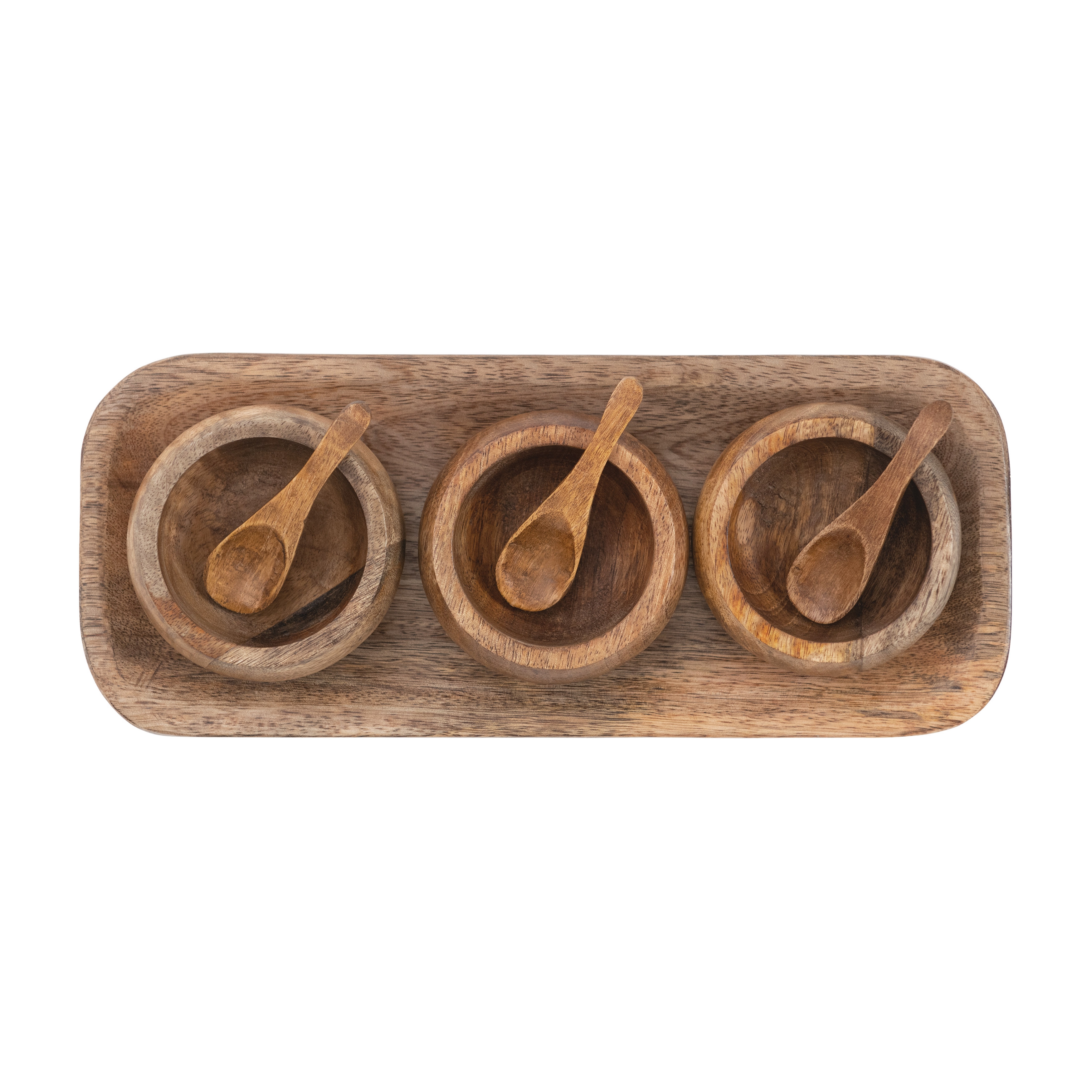 Mango Wood Tray with 3 Spice Bowls and 3 Wood Spoons, Set of 7 - Image 0