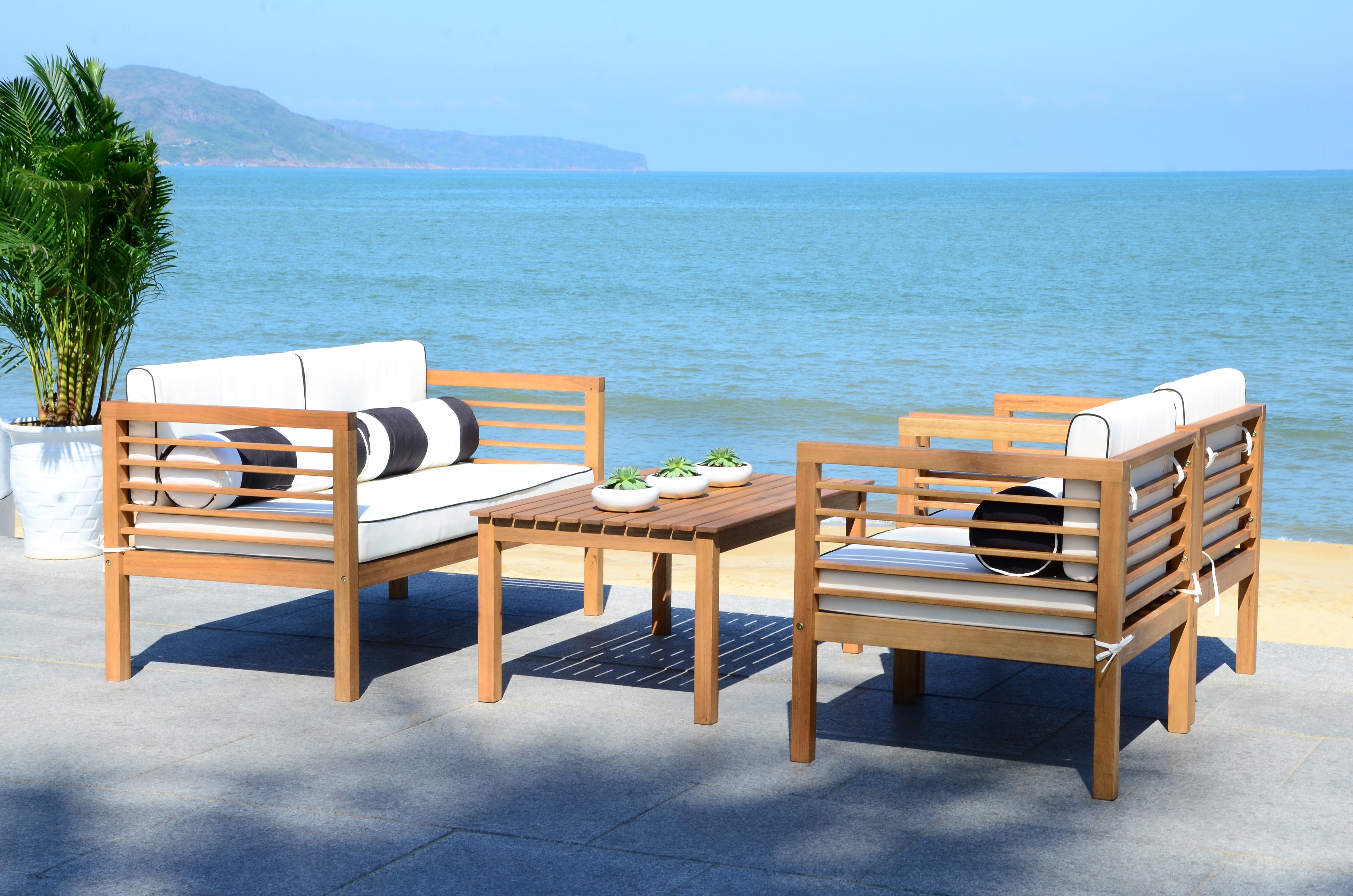 Alda 4 Piece Outdoor Set With Accent Pillows - Natural/Black/White - Safavieh - Image 4