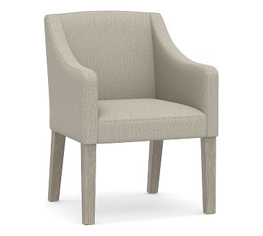 PB Classic Slope Arm Upholstered Dining Armchair, Gray Wash Legs, Chenille Basketweave Pebble - Image 0