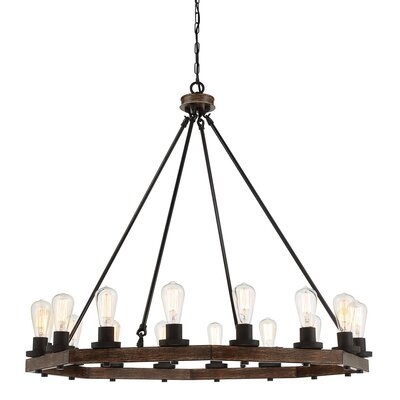 Leawood 16 - Light Candle Style Wagon Wheel Chandelier with Wood Accents - Image 0