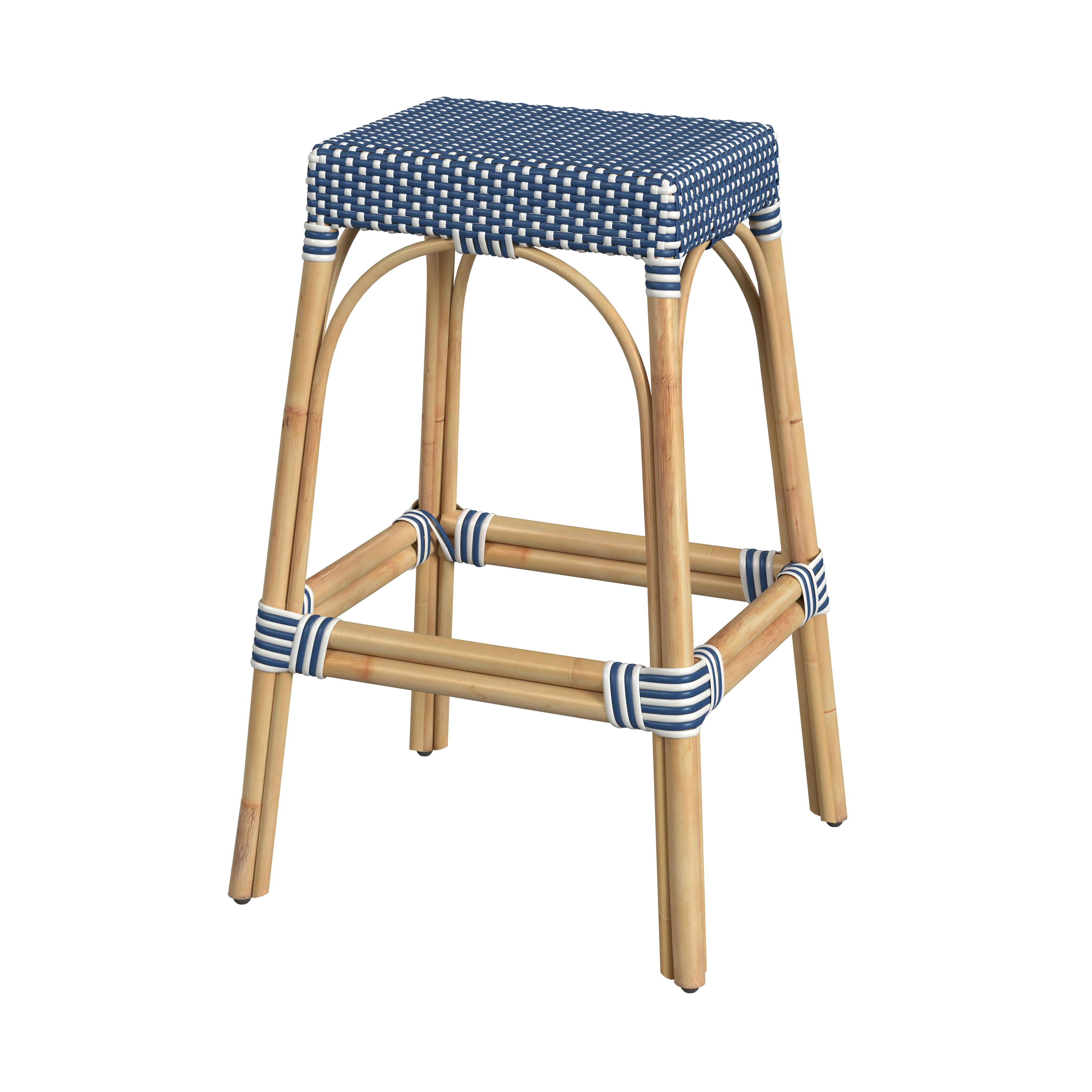Robias Blue/White Dot / Natural Rattan Frame Barstool - Image 0
