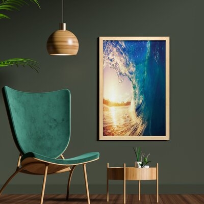 Ambesonne Ocean Wall Art With Frame, Ocean Wave At Sunrise Reflection On Surface Tropical Trees Shoreline Summer Picture, Printed Fabric Poster For Bathroom Living Room Dorms, 23" X 35", Teal Yellow - Image 0