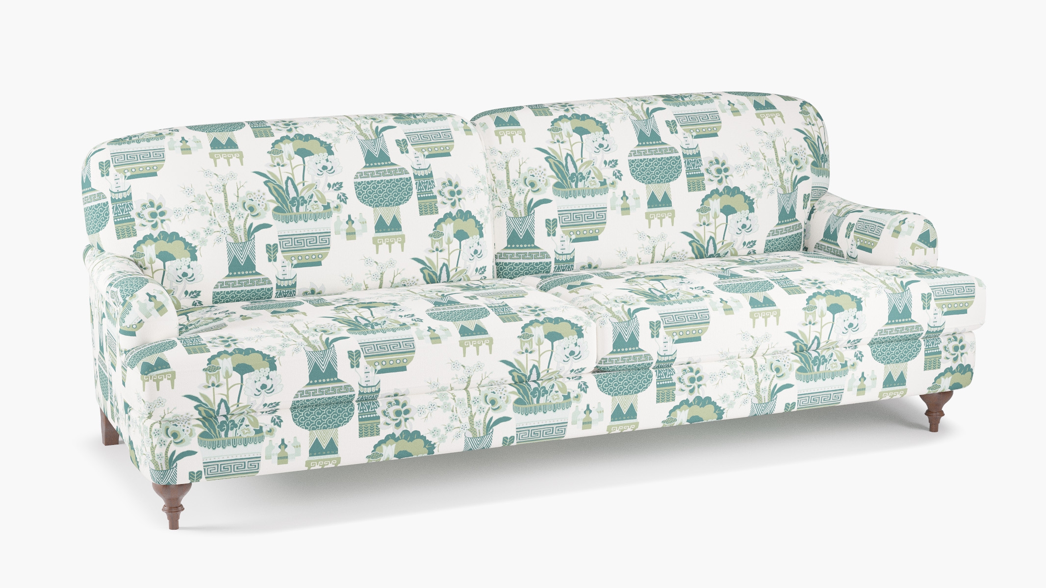 English Roll Arm Sofa, Pistachio Kan-Shie, Walnut Turned Wood Leg - Image 1