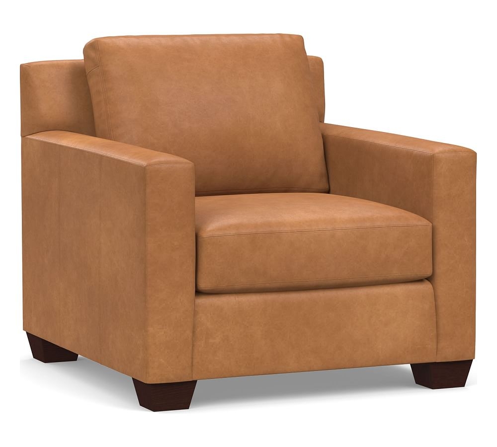 York Square Arm Leather Armchair, Polyester Wrapped Cushions, Churchfield Camel - Image 0