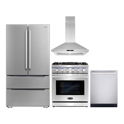 4 Piece Kitchen Package With 30" Freestanding Gas Range 30" Island Mount Range Hood 24" Built-in Fully Integrated Dishwasher & Energy Star French Door Refrigerator - Image 0