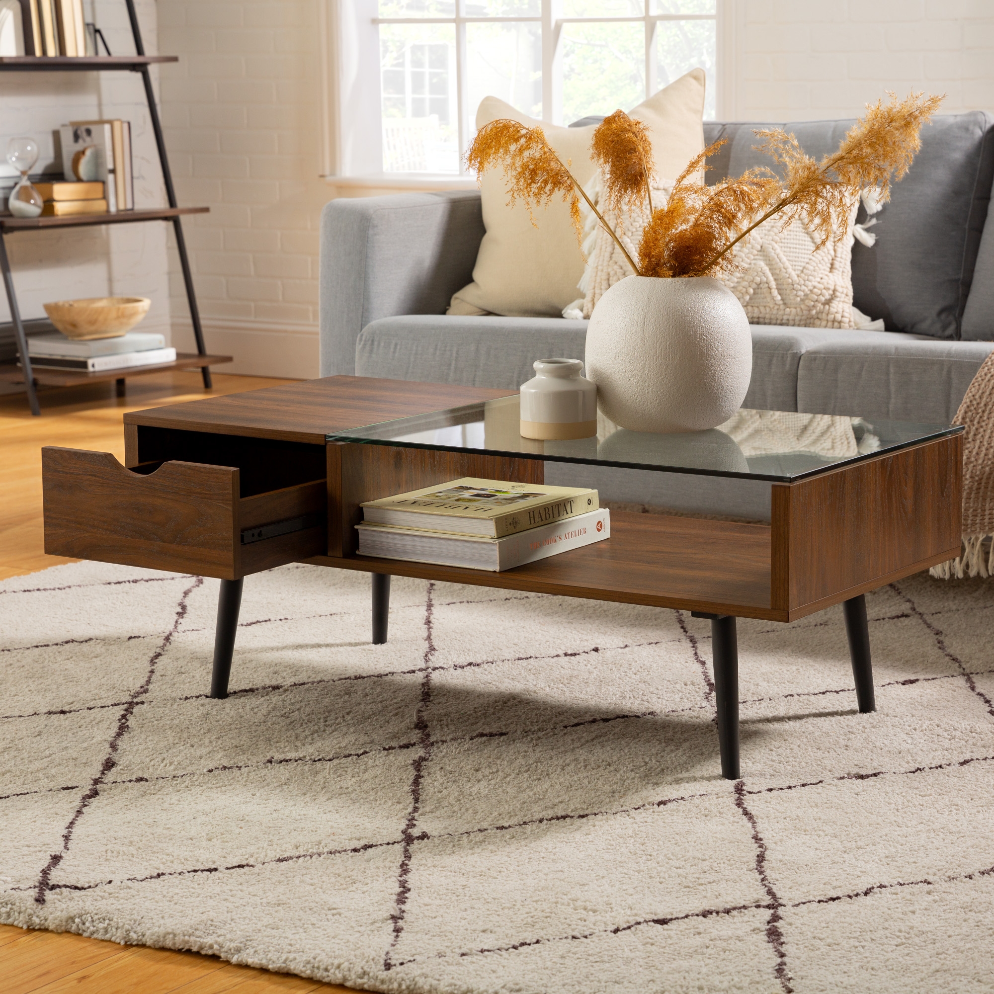 Juniper Mid Century Modern Wood and Glass Coffee Table - Dark Walnut - Image 6