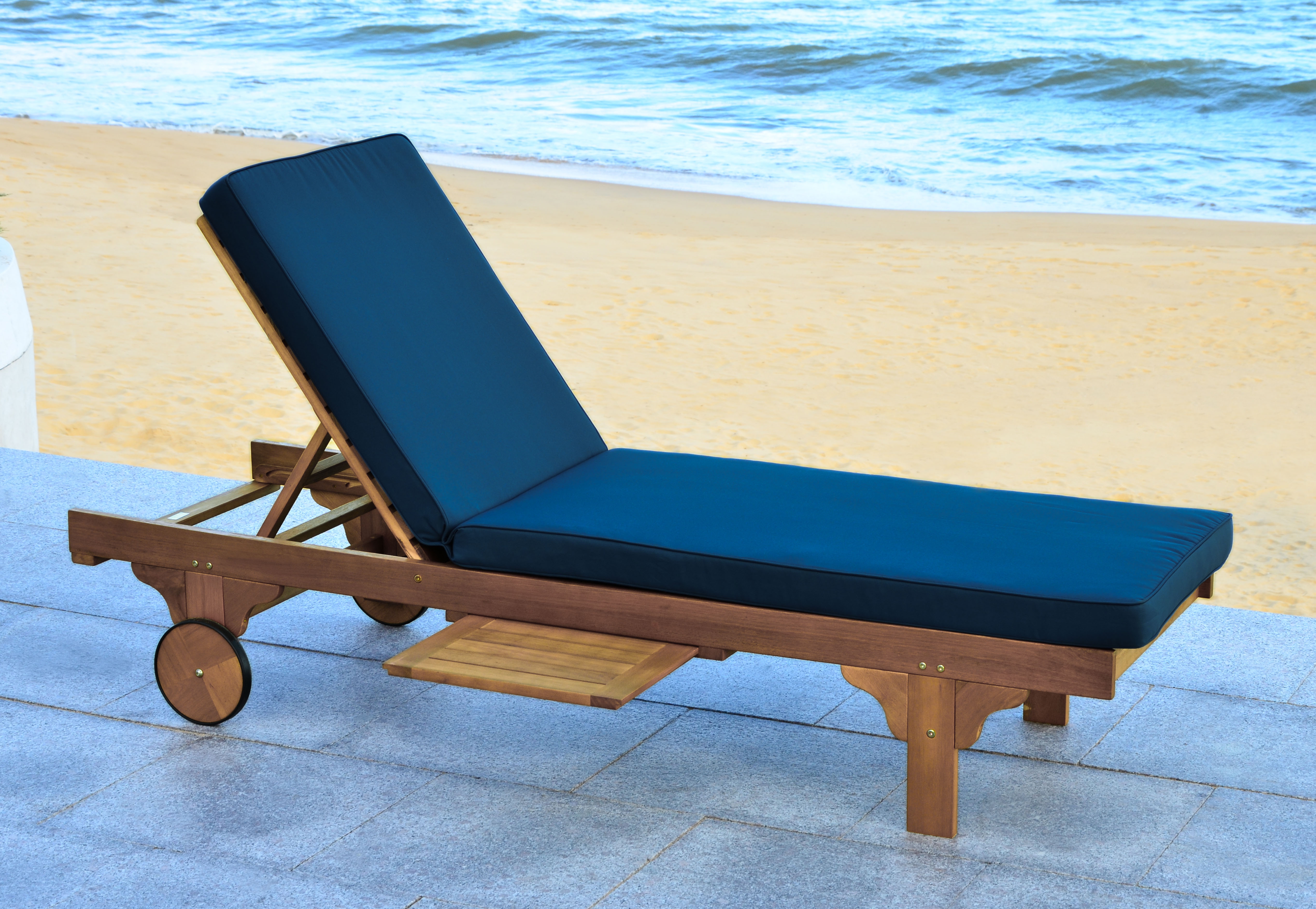 Newport Chaise Lounge Chair With Side Table - Natural/Navy - Safavieh - Image 8