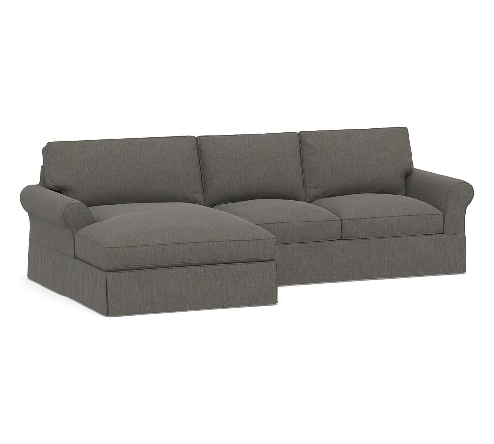 PB Comfort Roll Arm Slipcovered Right Arm Loveseat with Double Wide Chaise Sectional, Box Edge, Down Blend Wrapped Cushions, Chenille Basketweave Charcoal - Image 0