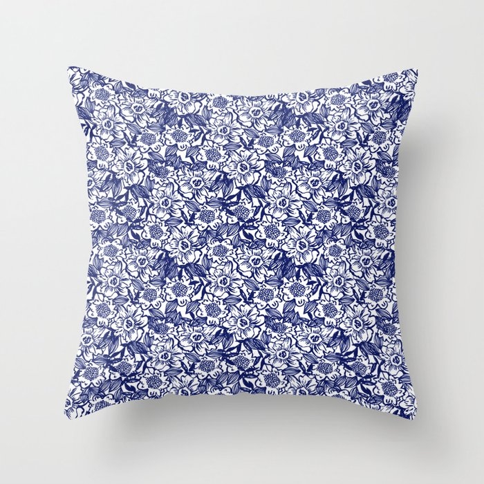 Indigo Florals Watercolor Painterly Botanical Boho Pattern Print Nature Spring Summer Monochromatic Throw Pillow by Charlottewinter - Cover (20" x 20") With Pillow Insert - Outdoor Pillow - Image 0