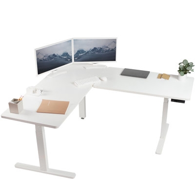 Vivo Electric Stand Up Corner Desk, Light Wood Table Tops, White Frame - Image 0