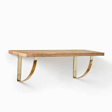 Linear Raw Mango Wood Shelf 2FT, Arch Brackets, Antique Brass - Image 1