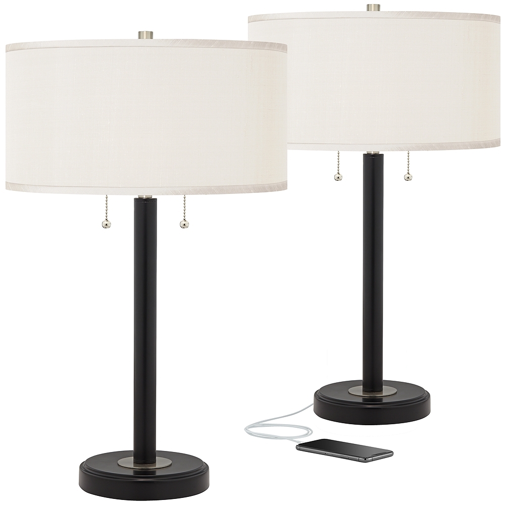Cream Faux Silk and Bronze USB Table Lamps Set of 2 - Style # 99W82 - Image 0