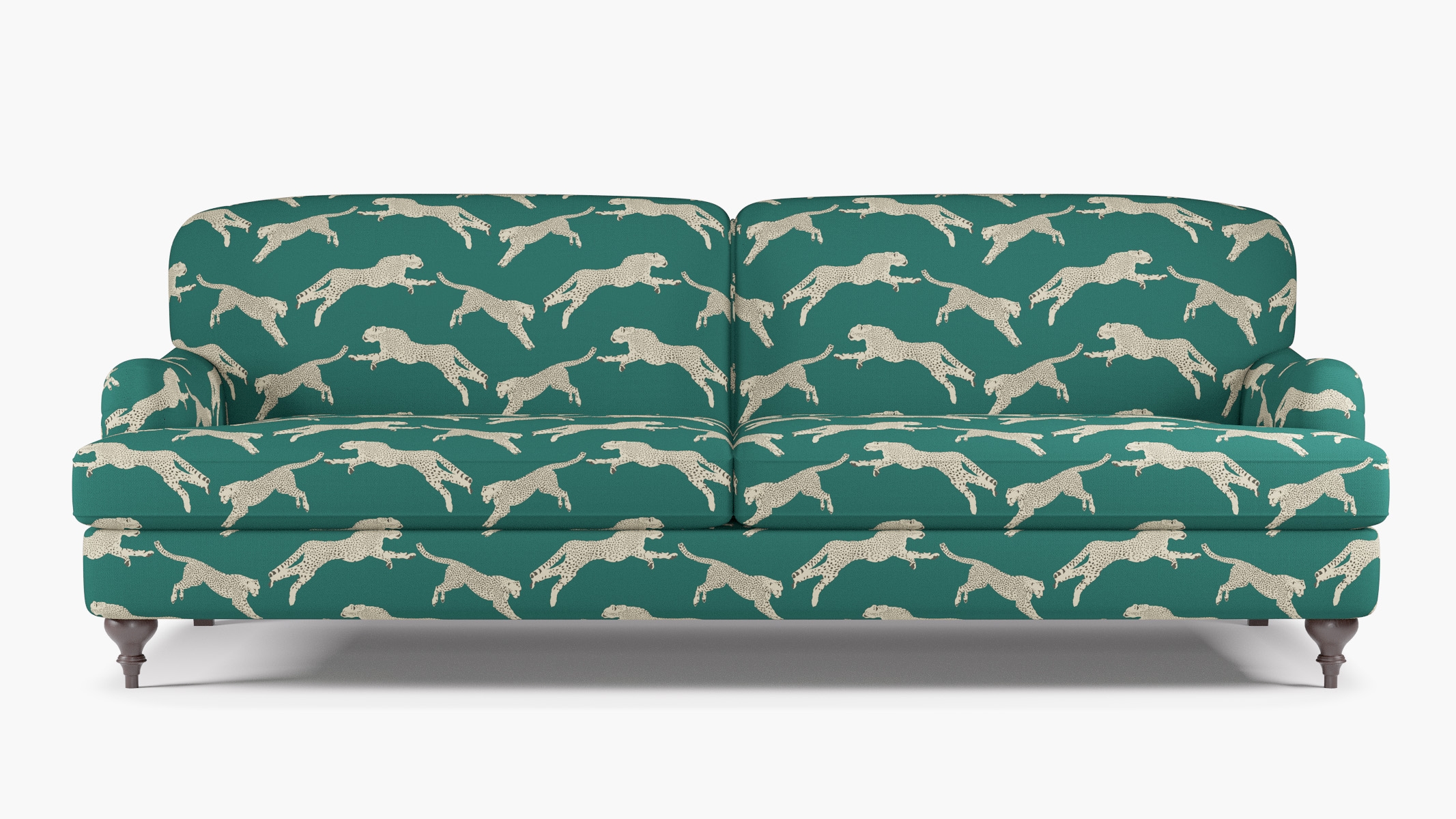 English Roll Arm Sofa, Polo Green Cheetah, Espresso Turned Wood Leg - Image 0