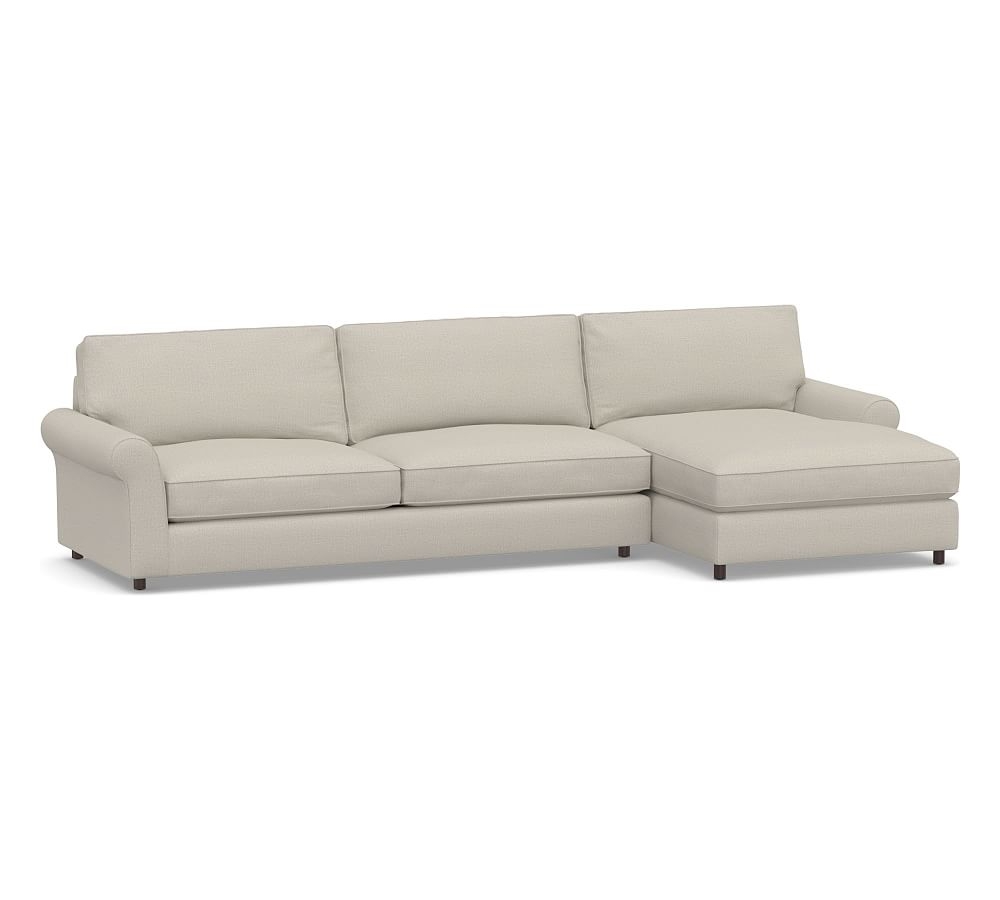 PB Comfort Roll Arm Upholstered Left Arm Sofa with Wide Chaise Sectional, Box Edge Memory Foam Cushions, Performance Heathered Tweed Pebble - Image 0