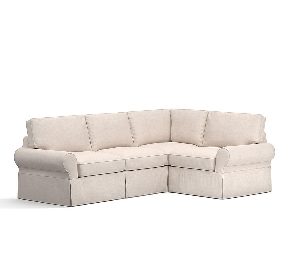 PB Basic Slipcovered Right Arm 3-Piece Corner Sectional, Polyester Wrapped Cushions, Park Weave Ash - Image 0