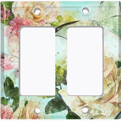 Metal Light Switch Plate Outlet Cover (Flower White Rose Teal - Double Rocker) - Image 0
