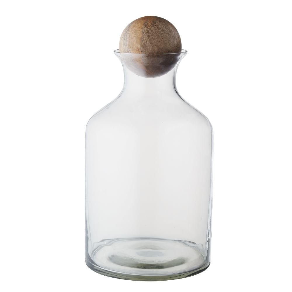 Glass Whiskey Bottle, Wood Stopper, Clear - Image 0