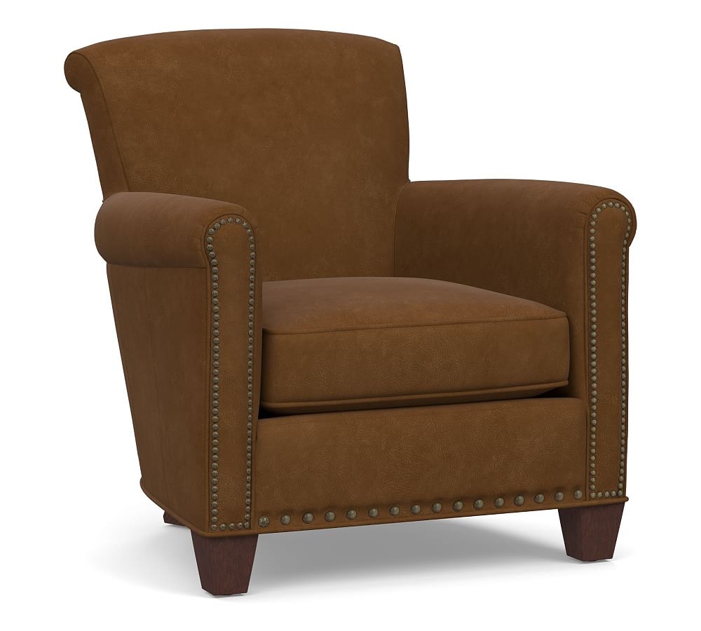 Irving Roll Arm Leather Armchair, Bronze Nailheads, Polyester Wrapped Cushions, Aviator Umber - Image 0