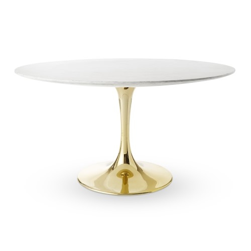 Tulip Pedestal Dining Table, 56 Round, Antique Brass Base, Carrara Marble Top - Image 0