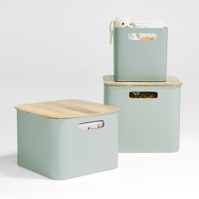 Outline Sage Medium Metal Floor Storage Bin with Wood Lid - Image 1