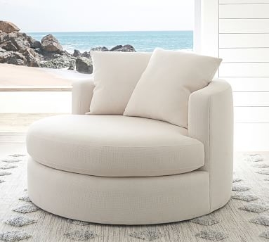 Balboa Upholstered Grand Swivel Armchair, Standard Cushions, Performance Heathered Basketweave Dove - Image 1