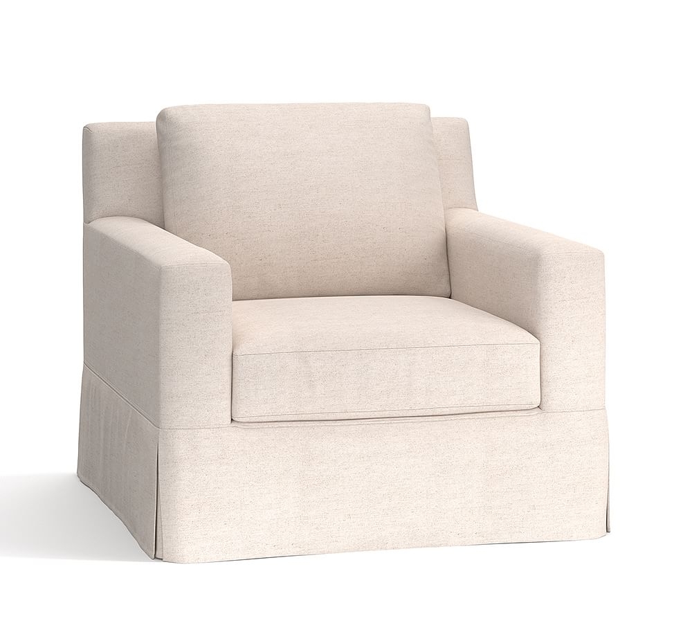 York Square Arm Slipcovered Swivel Armchair, Down Blend Wrapped Cushions, Performance Brushed Basketweave Oatmeal - Image 0