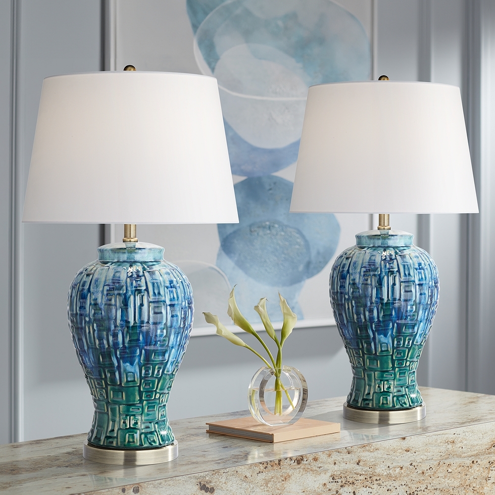 Possini Euro 27" Blue-Green Teal Temple Jar Ceramic Lamps Set of 2 - Image 0