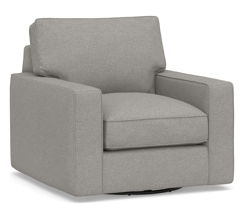 PB Comfort Square Arm Upholstered Swivel Armchair, Box Edge Memory Foam Cushions, Performance Heathered Basketweave Platinum - Image 0