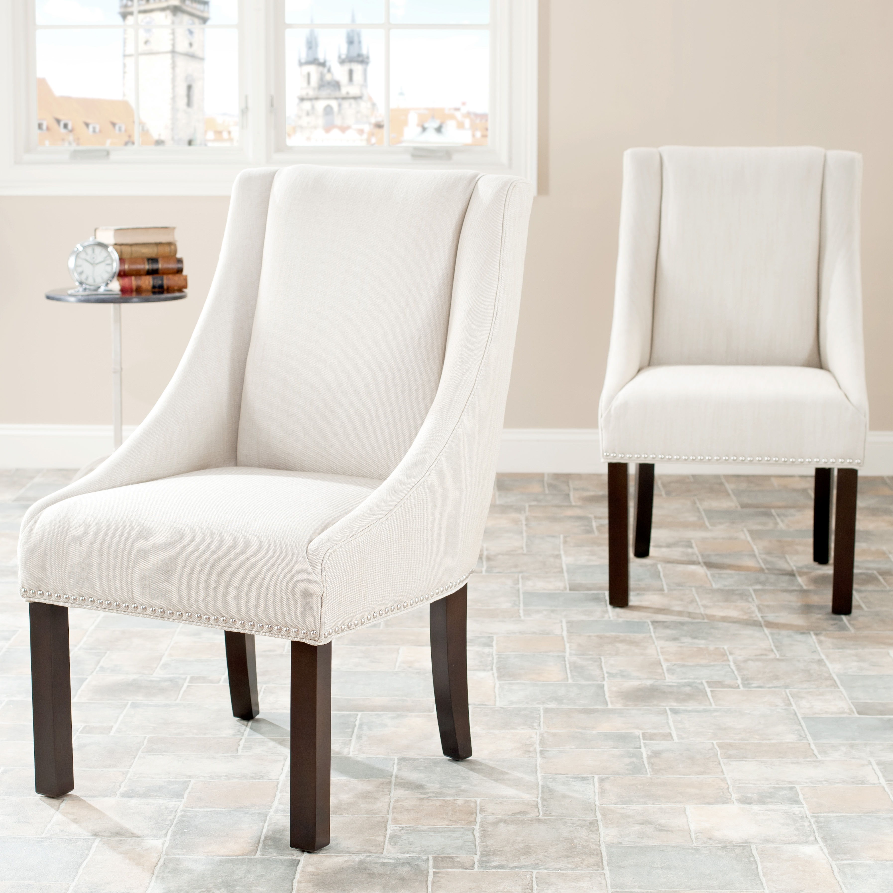 Morris 20''H Sloping Arm Dining Chair (Set Of 2) - Silver Nail Heads - Beige/Espresso - Safavieh - Image 0
