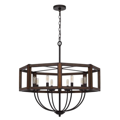 Chandelier With Hexagonal Shape Open Wooden Frame And Hanging Chain, Brown - Image 0