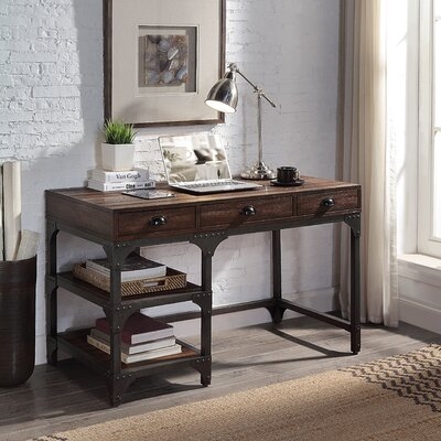 High Quaity Writing Desk With 3 Drawers&2 Open Shelves, Espresso Oak Finish & Antique Black Metal - Image 0