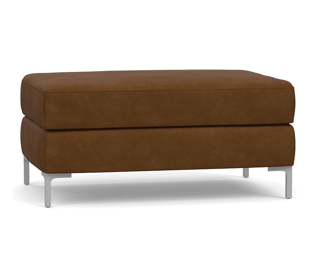 Jake Leather Ottoman with Brushed Nickel Legs, Polyester Wrapped Cushions, Aviator Umber - Image 0