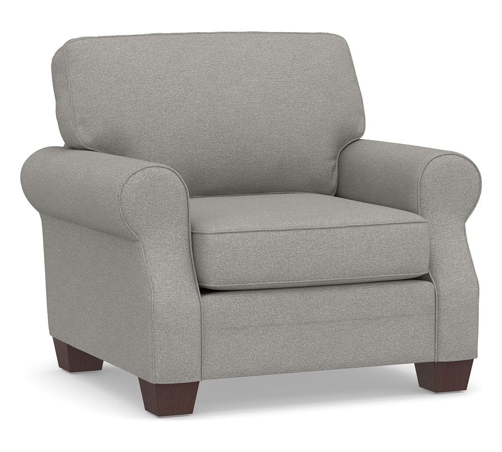 SoMa Fremont Roll Arm Upholstered Armchair, Polyester Wrapped Cushions, Performance Heathered Basketweave Platinum - Image 0