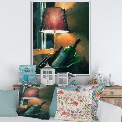 Wine Bottles & Lamp Glowing Orange In The Night - Modern Canvas Wall Art Print - Image 0