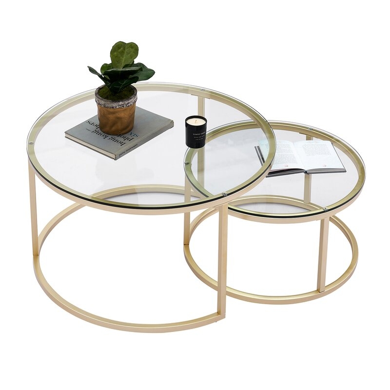Nesting Coffee Table Modern Round Living Room Table, Clear & Gold, Set of 2 - Image 3