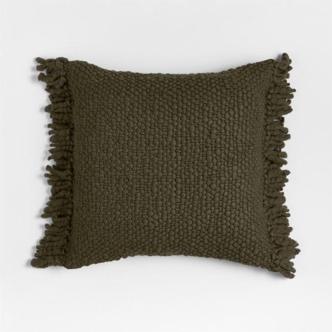 Chunky Woven Wool Fringe 23"x23" Burnt Green Throw Pillow with Feather Insert - Image 0