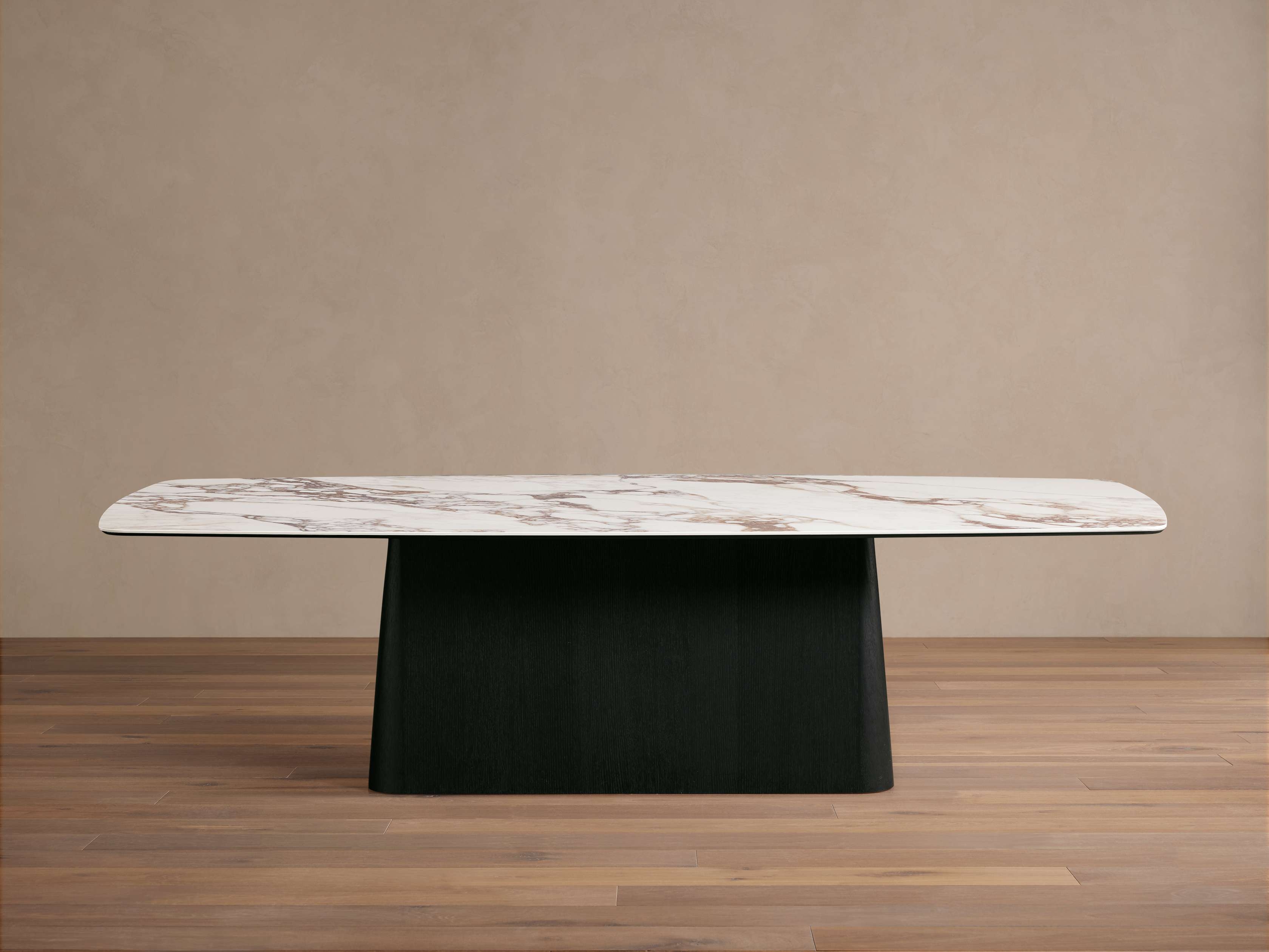 Vincenza Dining Table with Toulouse Base in Glass 84" White  Calacatta Viola/Ebony - Image 0
