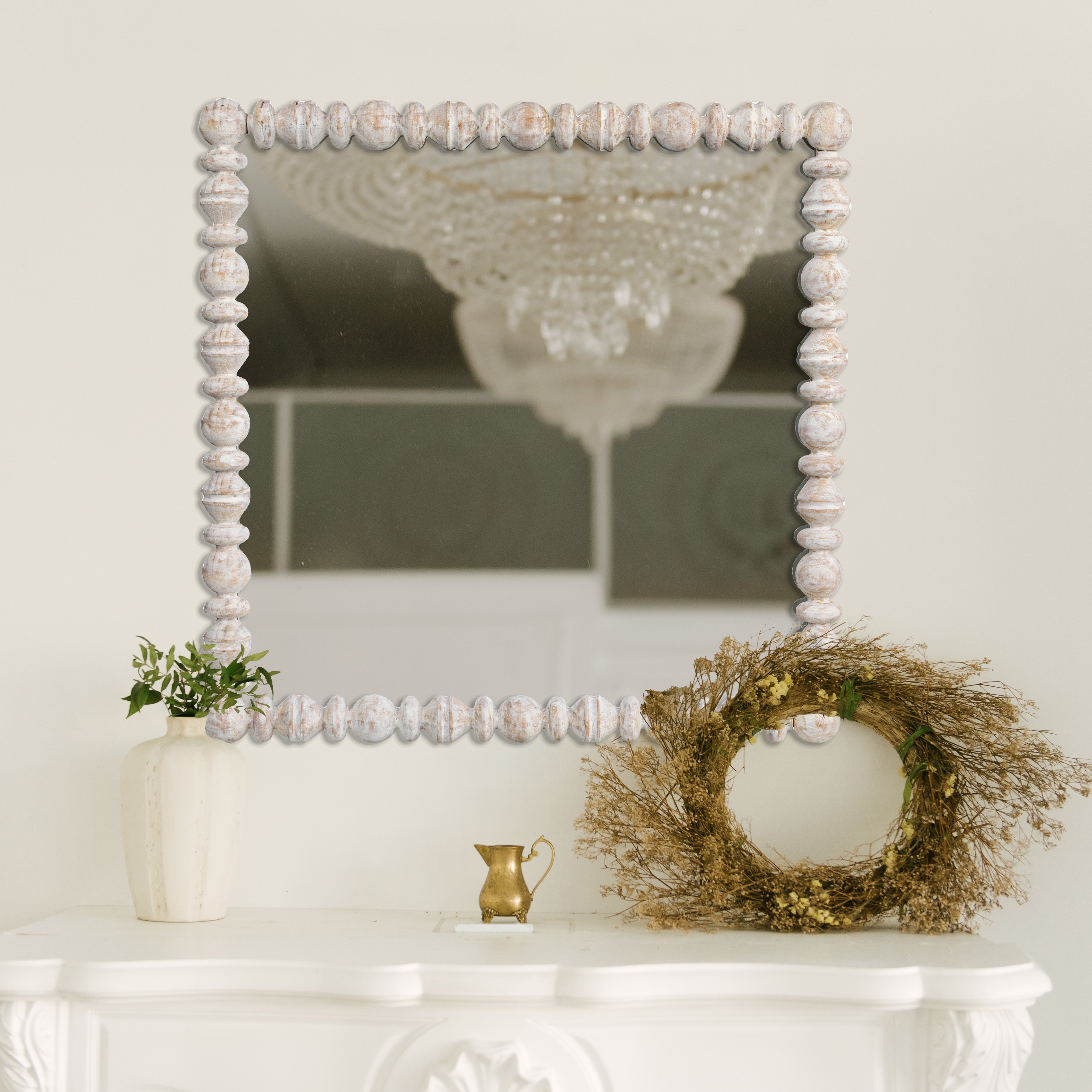 Square Raised Dowel Wood Wall Mirror, White - Image 0