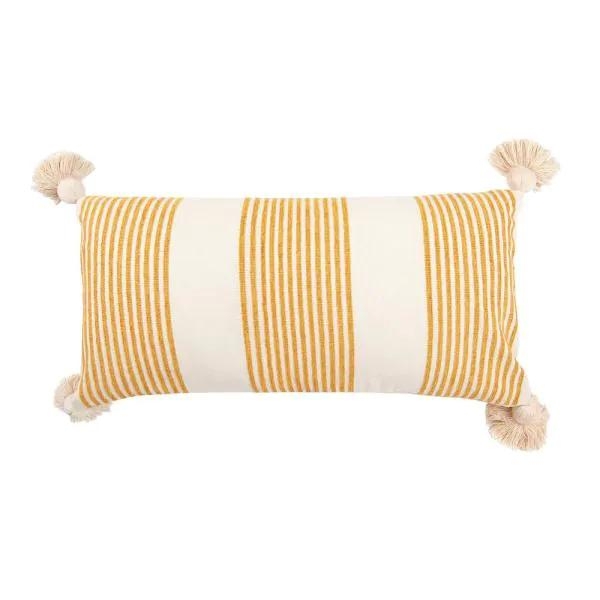 Cream Cotton & Chenille Pillow with Vertical Mustard Stripes, Tassels & Solid Cream Back - Image 3
