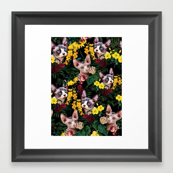 Floral And Sfenks Cat Pattern Framed Art Print by Burcu Korkmazyurek - Scoop Black - X-Small 10" x 10"-12x12 - Image 0