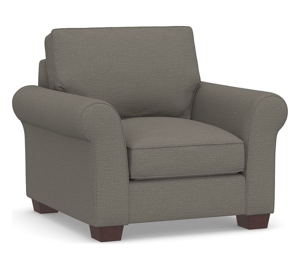 PB Comfort Roll Arm Upholstered Armchair, Box Edge Down Blend Wrapped Cushions, Chunky Basketweave Metal - Image 0