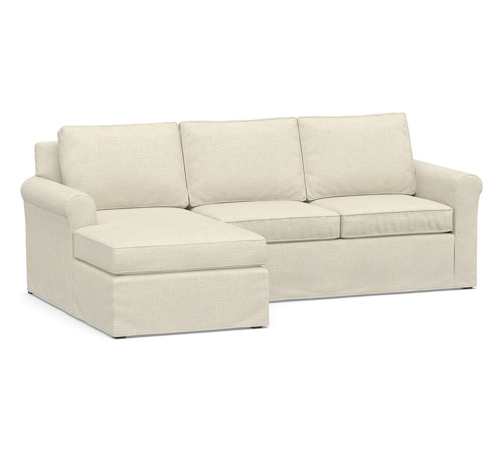 Cameron Roll Arm Slipcovered Right Arm Sofa with Chaise Sectional, Polyester Wrapped Cushions, Basketweave Slub Oatmeal - Image 0