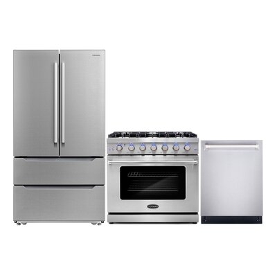 3 Piece Kitchen Package With 36" Freestanding Gas Range 24" Built-in Fully Integrated Dishwasher & Energy Star French Door Refrigerator - Image 0
