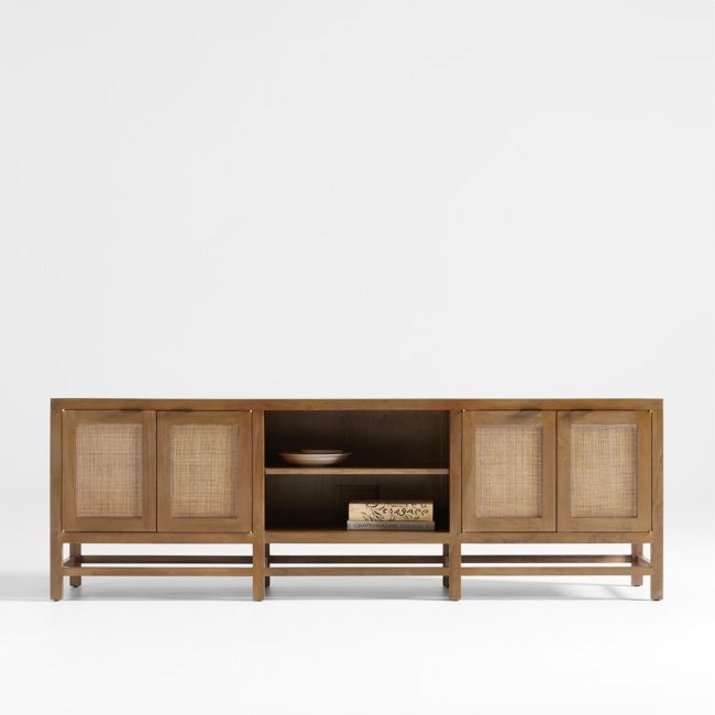 Blake 85" Light Brown Teak and Rattan Storage Media Console - Image 0