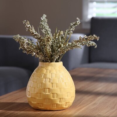 Set Of 2, Yellow Basket Ceramic Bud Vase - Image 0