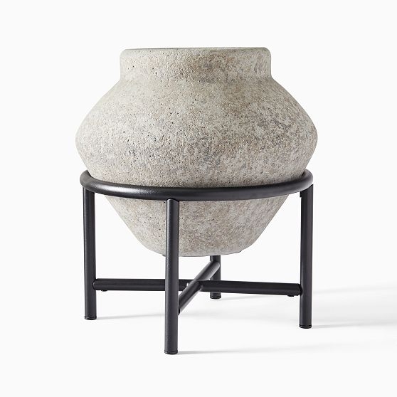 Geometric Urn Floor Planter with Stand,16"D X 18"H, Gray Stone - Image 0