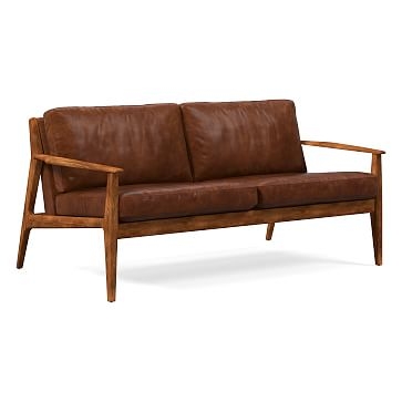 Mid Century Show Wood 66" Sofa, Vegan Leather, Molasses, Pecan - Image 1