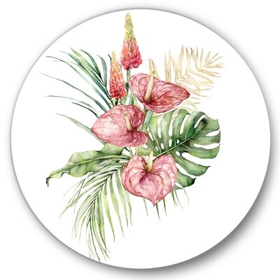 Tropical Bouquet With Anthurium Lupine & Leaves I - Traditional Metal Circle Wall Art - Image 0